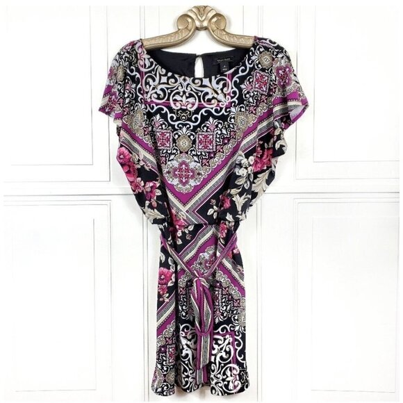White House Black Market Belted Blouson Shift Layered Dress Scarf Print Sz XS - Picture 1 of 12